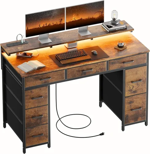 Vista 9 de HLDIRECT Escritorio de computadora de 47 pulgadas con 8 cajones de almacenamiento, escritorio para juegos con luces LED y tomas de corriente USB