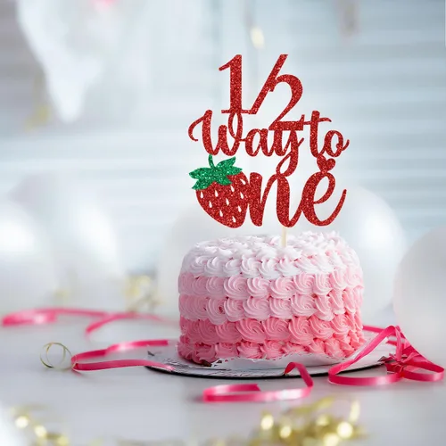 Vista 2 de Decoración de pastel de fresa con la mitad de camino a uno, decoración para pastel de cumpleaños de 6 meses, bayas dulces y medio cumpleaños