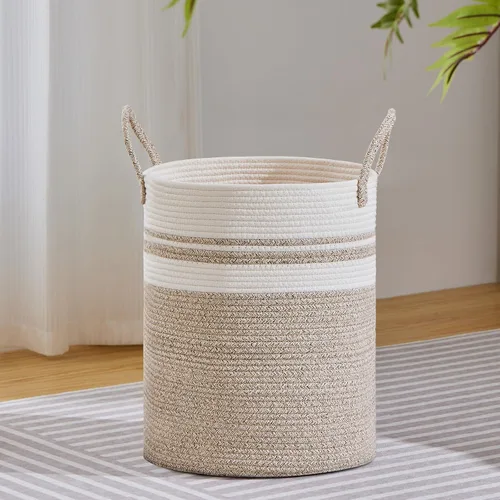 Vista 26 de VIPOSCO Cesta de lavandería tejida pequeña de 30L, color marrón y blanco
