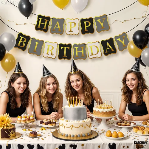 Vista 5 de KatchOn, Cartel de feliz cumpleaños negro y dorado, 10 pies, NO DIY, telón de fondo de feliz cumpleaños, decoraciones de feliz cumpleaños