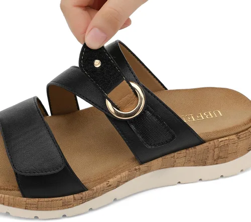 Vista 5 de UBFEN Sandalias de cuña baja para mujer, cómodas sandalias para caminar con soporte de arco y correa ajustable para salidas casuales y uso durante