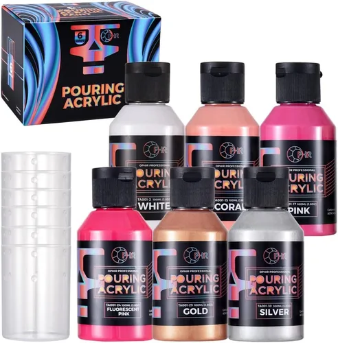 Vista 8 de OPHIR Total 22.8OZ Set de Pintura Acrílica para Verter, 3 Suministros de Pintura Acrílica Premezclada para Verter en Negro y 3 en Blanco, para Juego