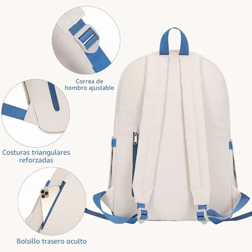 Vista 5 de Lohol Mochila clásica para niñas, niños y adolescentes, bolsa ligera para libros, escuela, viajes, universidad (beige/azul)