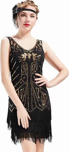 Vista 19 de BABEYOND Vestido de mujer con estilo charlestón de los años 20, cuello en V, con cuentas y flecos, estilo Gran Gatsby