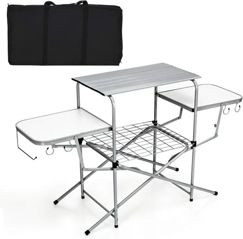 Vista 5 de GYMAX Mesa de campamento plegable de aluminio, mesa de parrilla al aire libre con mesa auxiliar, ganchos y bolsa de transporte, mesa de picnic