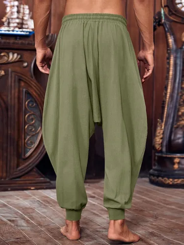 Vista 4 de PASLTER Pantalones piratas medievales para hombre, disfraz de navegante vikingo, renacentista, Halloween, gótico, informal, pantalones harén