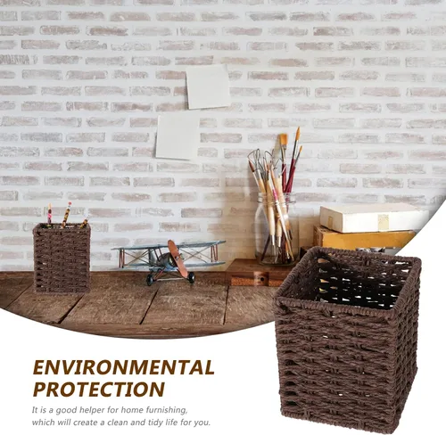 Vista 6 de Cabilock Cesta de mimbre resistente para escritorio, contenedor elegante para mesa de té, organizador de artículos diversos