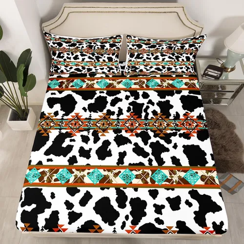 Vista 23 de Juego de ropa de cama de estilo bohemio occidental, tamaño individual, diseño de vaca atrapasueños, sábana bajera ajustable del suroeste, tribu