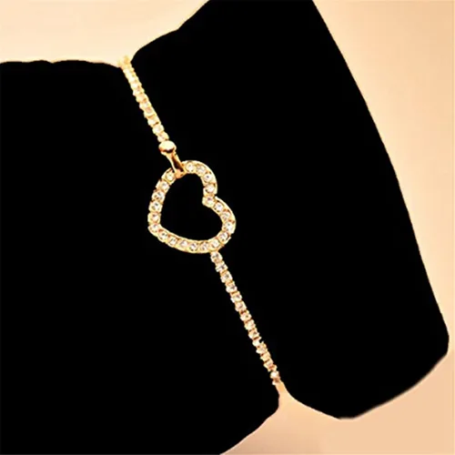 Vista 7 de JUNYY Delicada pulsera con dije de corazón hueco de diamantes de imitación para mujeres y niñas, pulsera de fiesta de cumpleaños (dorado)