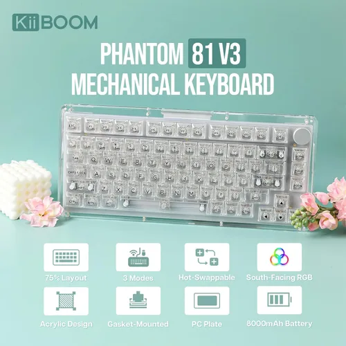 Vista 2 de KiiBoom Phantom 81 - Teclado mecánico para juegos 75% transparente, teclado de junta personalizado intercambiable en caliente con retroiluminación