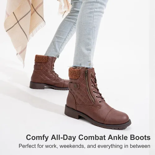 Vista 8 de Vepose Women's Combat Ankle Boots Lace up Comfortable Short Booties Low Heel