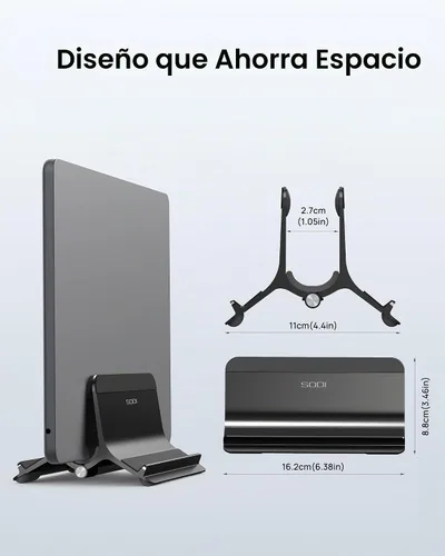 Vista 8 de Soporte vertical para laptop SODI para escritorio compatible con MacBook Air, soporte para MacBook Pro vertical de aluminio hasta 17 pulgadas Negro