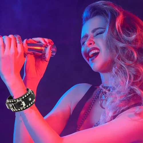 Vista 6 de 6 pulseras punk de cuero tachonado negro para hombres y mujeres