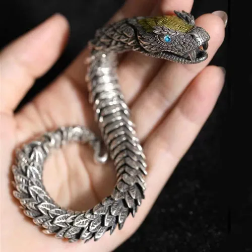 Vista 4 de Pulsera de cadena de serpiente, lujoso estilo de metal antiguo, cobre del zodiaco, serpiente del zodiaco, cierre de gancho, hip hop para hombres