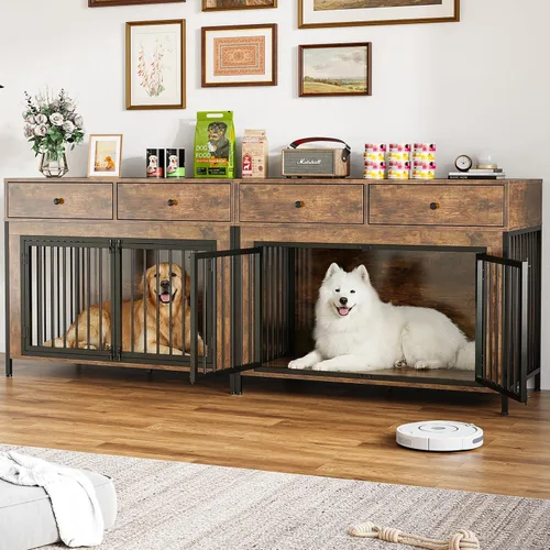 Vista 15 de LEMBERI Mueble de jaula para perros grande de 44 pulgadas, mesa auxiliar de madera para perros con cajones de almacenamiento, jaula decorativa