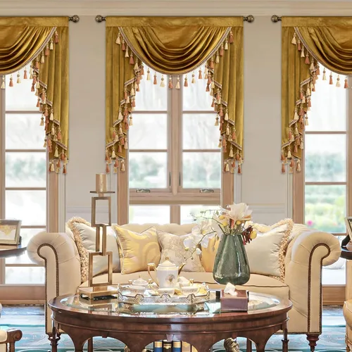 Vista 2 de VOGOL Cenefa de cortinas de terciopelo grueso para dormitorio, cenefas de cascada de lujo con aislamiento térmico dorado para sala de estar formal