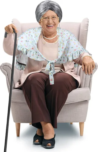 Vista 7 de BBTO Old Lady Costume Granny Wig Grandma Shawl Inflatable Cane Frame Glasses with Chain Faux Pearl Necklace Bracelet Earrings