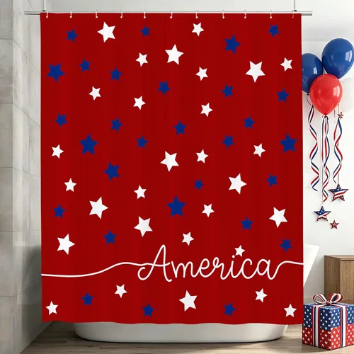Vista 2 de Cortina de ducha patriótica de Estados Unidos para baño, cortina de baño de secado rápido con estrellas rojas y azules del 4 de julio, bañeras