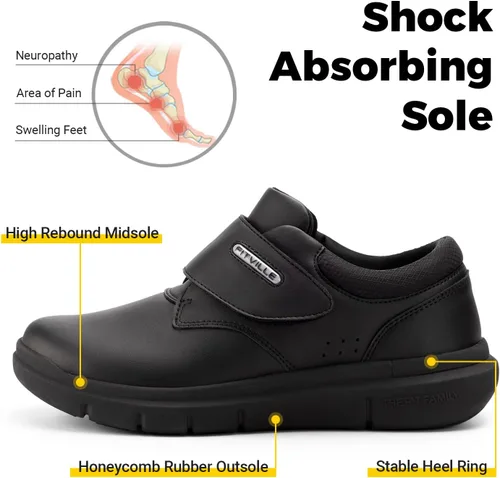 Vista 4 de FitVille Zapatos para diabéticos para hombre, zapatos de cuero extra anchos para caminar para recuperación de Edema con gancho y bucle, zapatos
