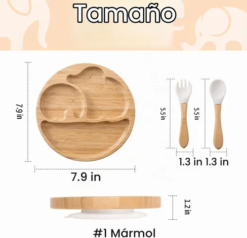 Vista 7 de Placas de succión para bebés y niños pequeños, platos de alimentación divididos de bambú con tenedor y cuchara de silicona, platos de comida