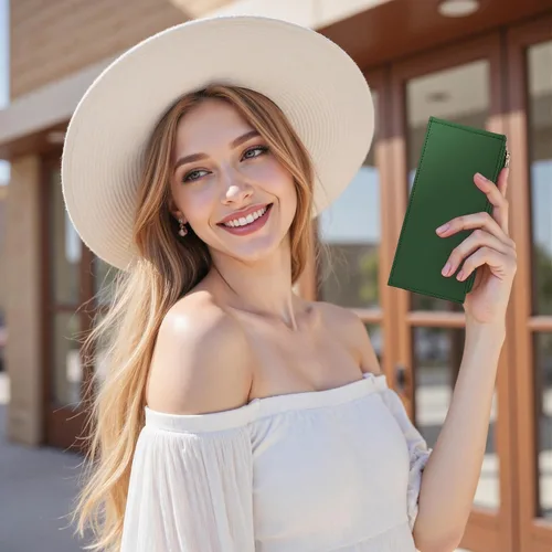 Vista 2 de Cartera RFID para mujer, forma de N, Verde, Tamaño compacto