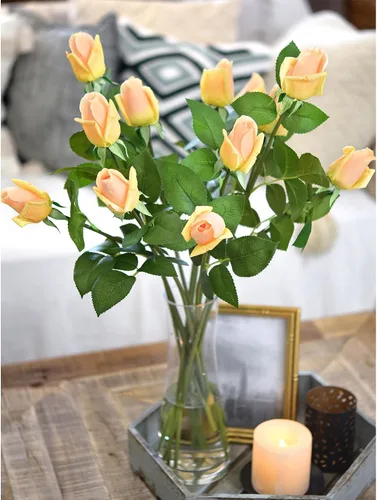 Vista 5 de FiveSeasonStuff Albaricoque rosado tallo largo de 21 pulgadas, rosas de tacto real, flores artificiales de seda, pétalos se sienten y se ven como