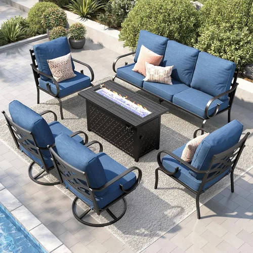 Vista 10 de PHI VILLA Patio Furniture Set with 4 Rocking Chairs & Fire Pit, Beige