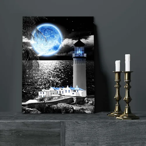 Vista 6 de Lienzo decorativo de pared con diseño de faro costero, decoración de pared de luna azul, decoración blanca y negra para oficina en casa, póster