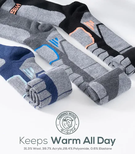 Vista 4 de Calcetines de lana de merino para esquí para hombres, mujeres y jóvenes - Calcetines térmicos de snowboard con amortiguación completa por encima