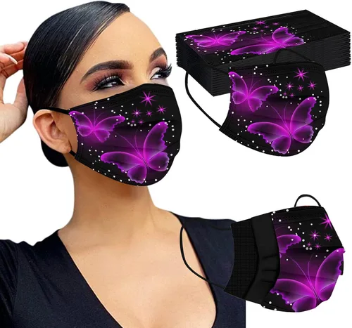 Vista 3 de Paquete de 50 mascarillas desechables para adultos y mujeres, diseño de mariposas, para el cuidado de la piel, transpirable, filtro de 3 capas