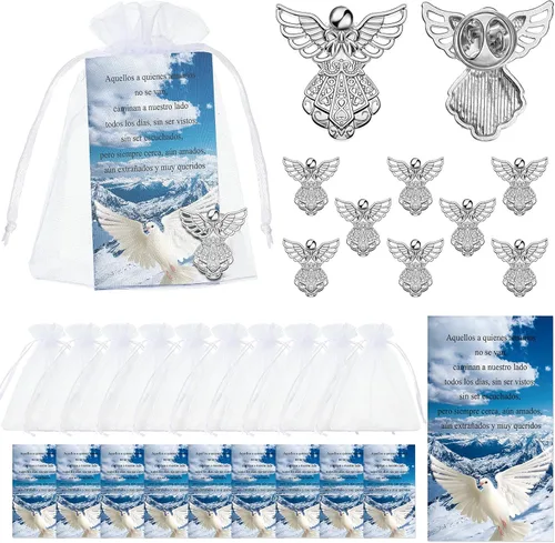 Vista 8 de Geosar Juego de 25 pines conmemorativos de ángel, fichas de bolsillo funerarias, guardián, ángel, tarjetas de poema con bolsas de organza, regalos