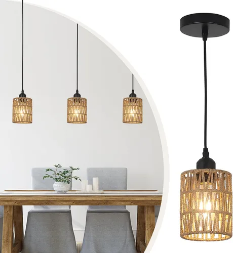 Vista 11 de LAMSU Lámparas colgantes de ratán de 1 luz, iluminación colgante bohemia de granja con pantalla tejida a mano de 4.7×5.9 pulgadas, pequeña lámpara