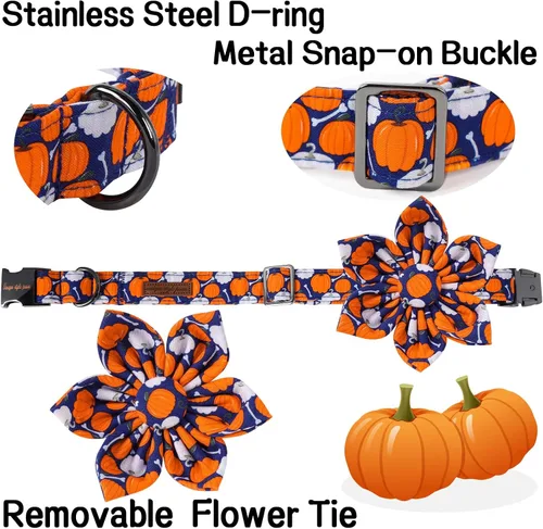 Vista 3 de Collar de perro de Halloween de estilo único con arco de flores de Unique Style Paws, collar de calabaza de algodón para perros pequeños, medianos