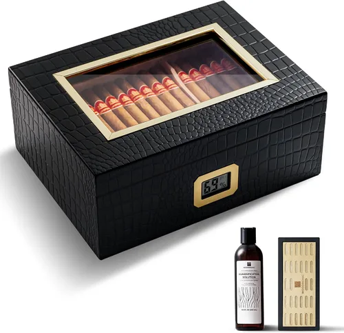 Vista 7 de Woodronic Humidor de puros para 80 unidades con higrómetro digital, bandeja y divisores forrados de cedro español, humidificador de gel de cristal