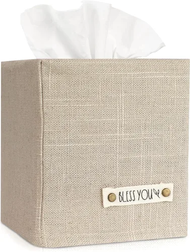 Vista 9 de Elegante funda para caja de pañuelos: este soporte de lino beige cubre instantáneamente tus cajas de pañuelos cuadradas, la cubierta de cubo