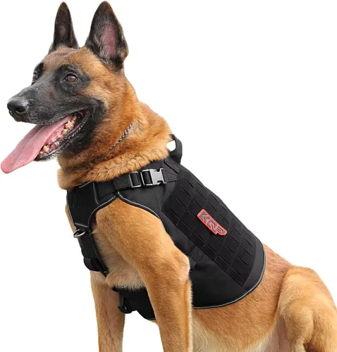Vista 9 de Arnés táctico para perro, arnés para perro sin tirones, chaleco militar para perro con clips de metal ajustables, arnés reflectante para perros