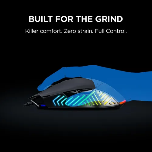 Vista 3 de Rampage Spear V2 - Mouse para juegos con cable negro con iluminación RGB, 12800 DPI, 7 botones programables, mouse ergonómico ligero