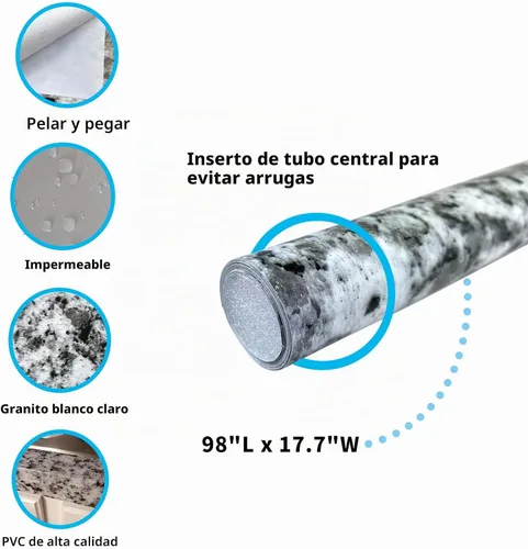 Vista 3 de Teemall Vinilo autoadhesivo con aspecto de granito blanco claro, película de mármol, para encimera de cocina (17.7 x 98 pulgadas)