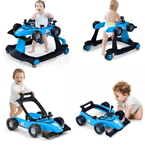 Vista 15 de HONEY JOY Andador de bebé 4 en 1, caminador de actividad con 3 alturas ajustables, ruedas suaves con velocidad ajustable, asiento acolchado, música
