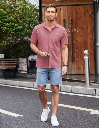 Vista 4 de COOFANDY Camisas casuales con botones para hombre, de manga corta, ajuste regular, sin pliegues, de punto, texturizadas