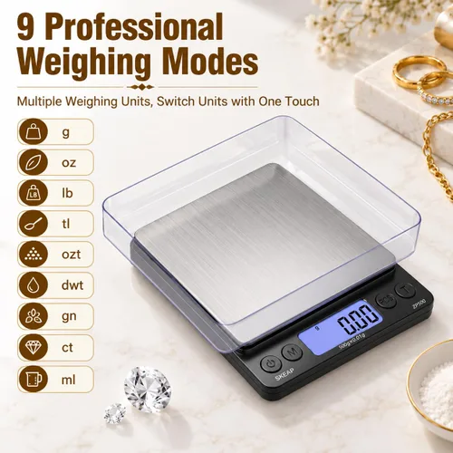 Vista 4 de SKEAP Báscula digital para joyeros y coleccionistas, escala digital de monedas con pantalla LCD retroiluminada, función de tara, ideal para piedras