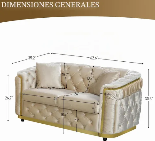 Vista 2 de Sofá Chesterfield de terciopelo de 62.5 pulgadas con respaldo copetudo y detalles dorados, beige Blanco