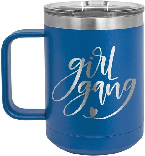 Vista 9 de GIRL GANG Negro 15 oz Taza de café w/tapa deslizante Taza de café de viaje aislada Ideas de regalos de cumpleaños o Navidad de mujeres u hombres