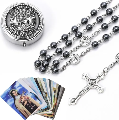 Vista 4 de SZQCZB Rosario de San Miguel y Ángel Guardián Católico para Hombres Mujeres, Medalla de Arcángel y Ángel de la Guarda con caja de regalo de metal