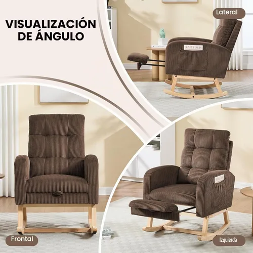 Vista 8 de NIOIIKIT Mecedora para guardería, mecedora tapizada de pana con reposapiés ajustable, silla mecedora copetuda con bolsillo lateral, mecedora café