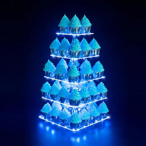 Vista 10 de Soporte para Cupcakes, Soporte Redondo para Cupcakes de 4 Niveles con Tira de Luces LED, Torre de Exhibición de Cupcakes de Acrílico para Bodas, Azul