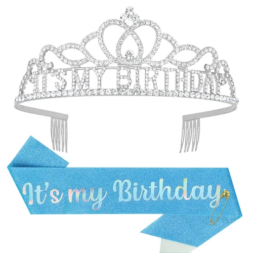 Vista 13 de Corona de cumpleaños plateada, banda con purpurina para cumpleaños, tiara para fiestas y decoraciones AB-Plata