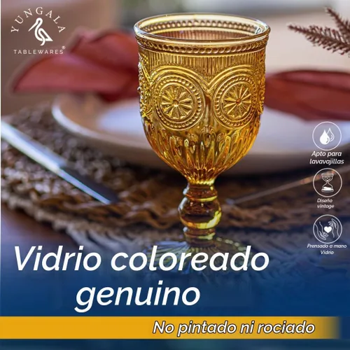 Vista 3 de Juego de copas de vino ámbar Yungala de 6 unidades, copas vintage de 10 onzas con diseño de nudos