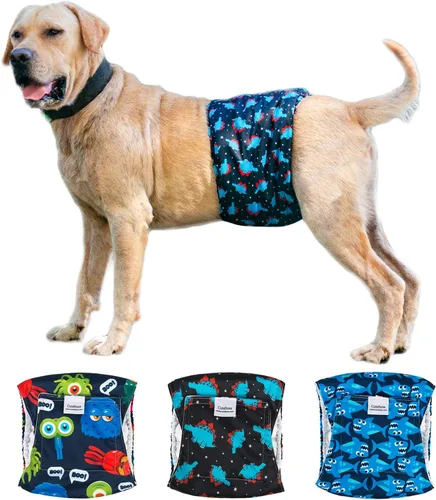 Vista 30 de CuteBone - Pañales lavables para perro macho, banda abdominal, paquete de 3 unidades, color negro, modelo DM54XS