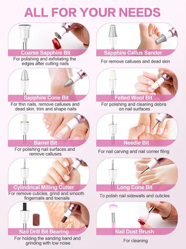 Vista 7 de Subay Kit profesional de manicura y pedicura, juego de taladro eléctrico para uñas con pantalla LED, 25000 RPM, 11 accesorios más 20 bandas